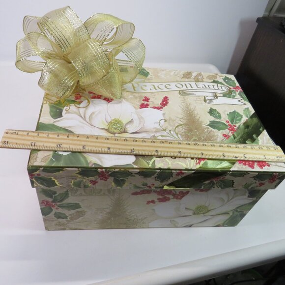 Large Peace on Earth gift box with Gold wired ribbon bow Holiday Winter - Picture 14 of 14